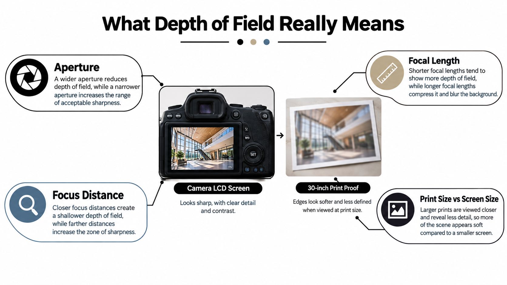An infographic explaining four key factors that influence depth of field in photography and image printing.