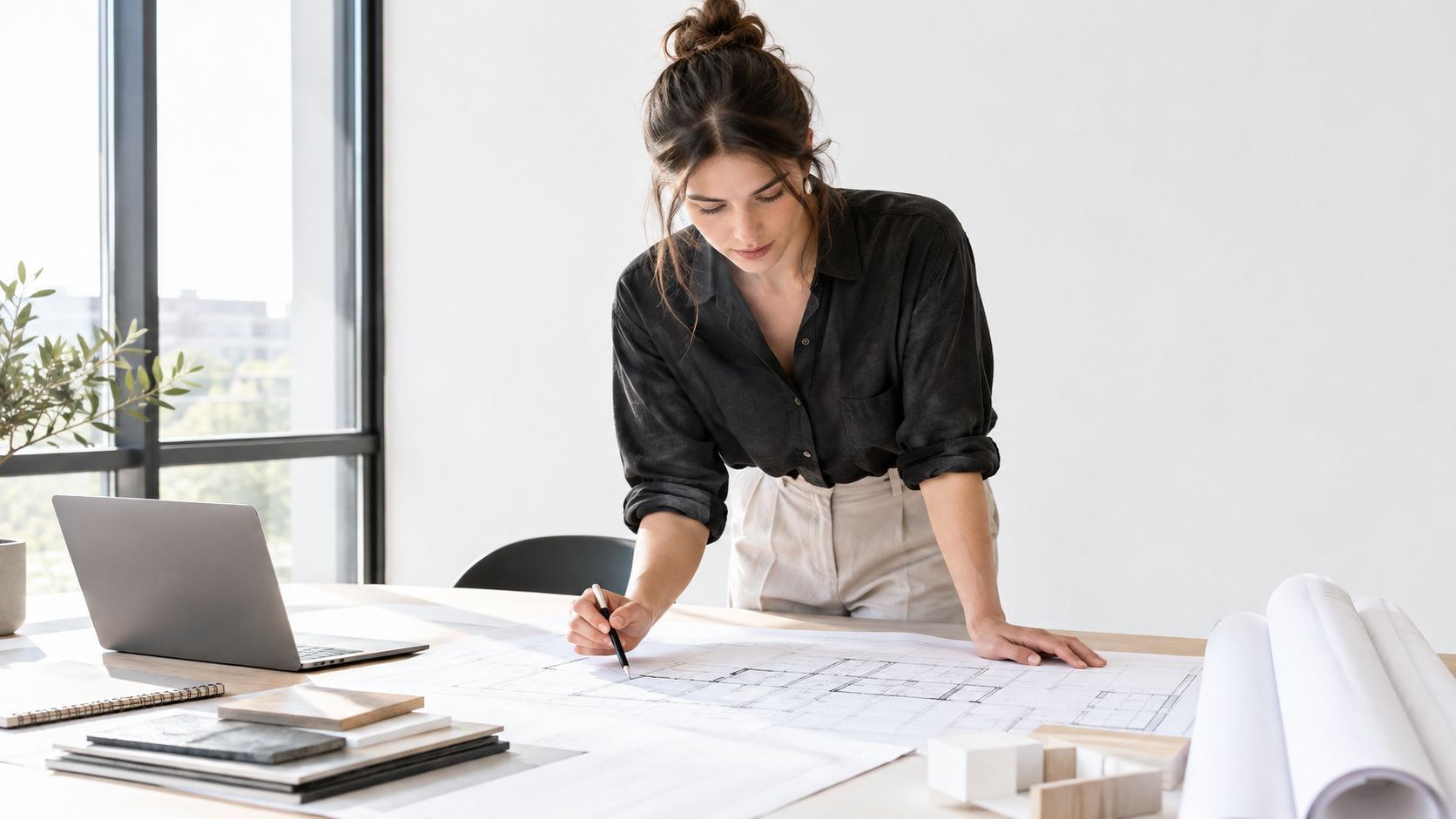 A professional female architect working on detailed building blueprints at a bright, modern office desk.