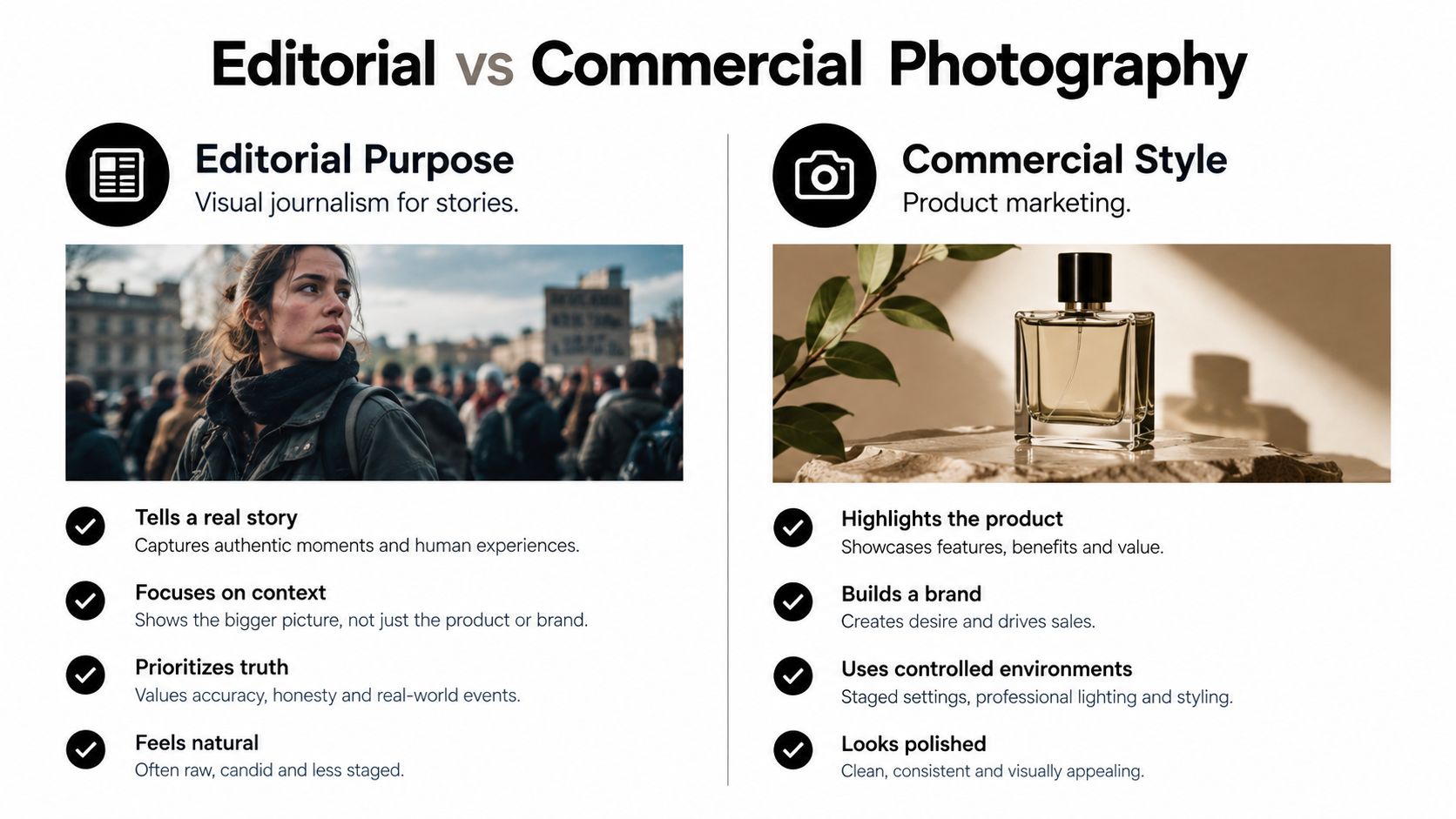 A comparison chart highlighting the key differences between editorial photography for stories and commercial photography for products.