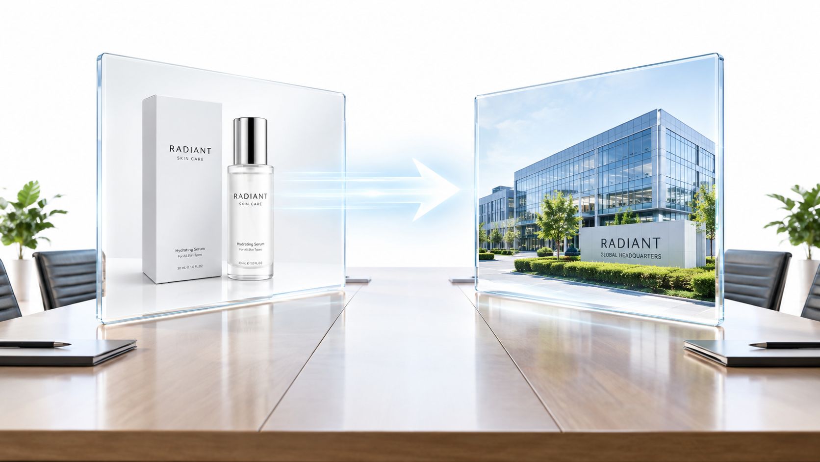 A glass panel showing a skincare product and another showing a corporate headquarters in a boardroom setting.