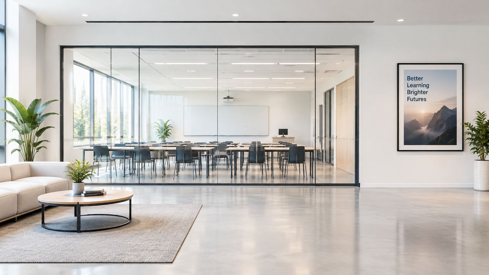 A bright, modern office waiting area featuring a glass-walled conference room with rows of chairs and desks.