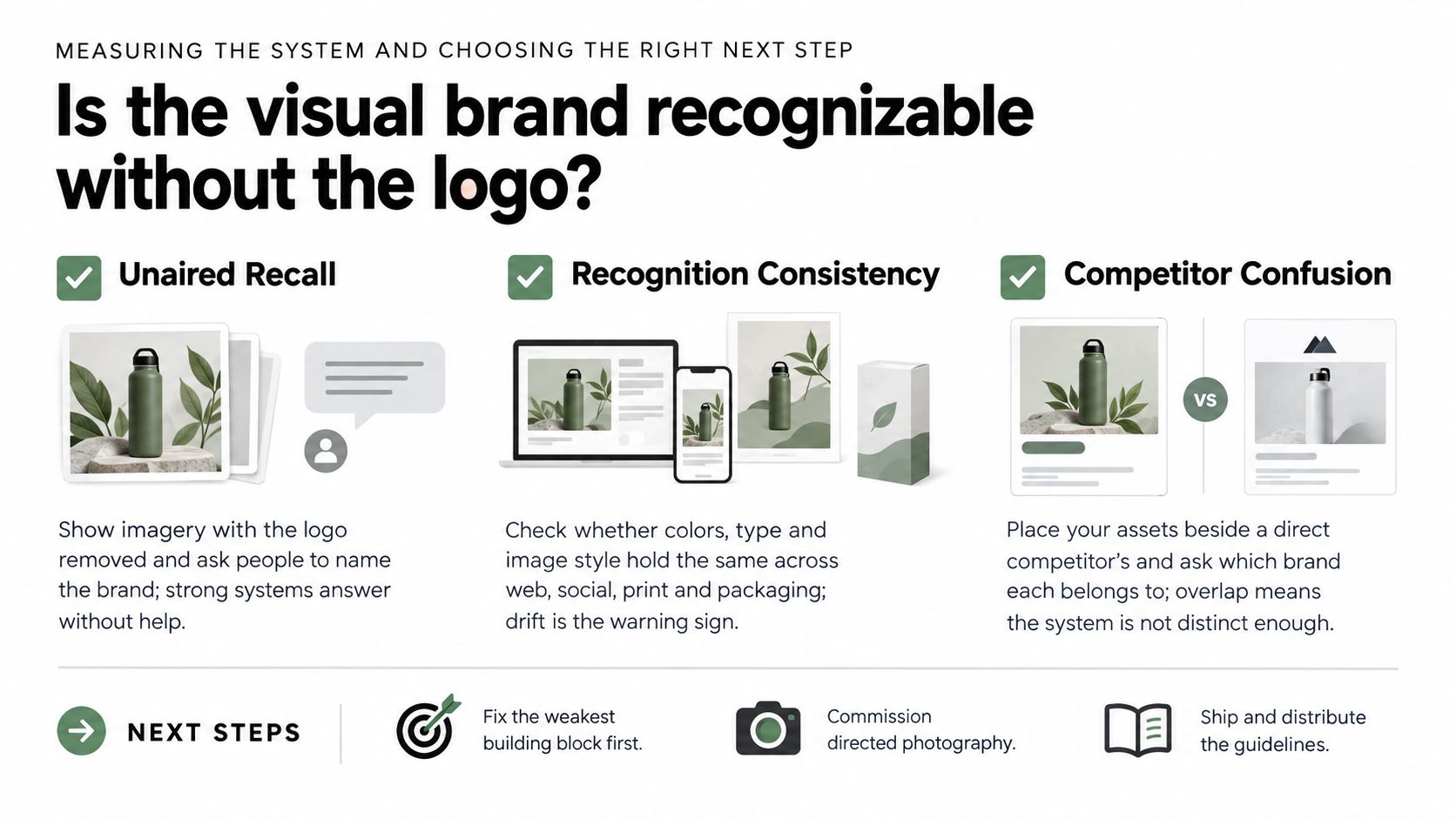 A graphic explaining how to test if a brand is recognizable without using its logo through specific metrics.