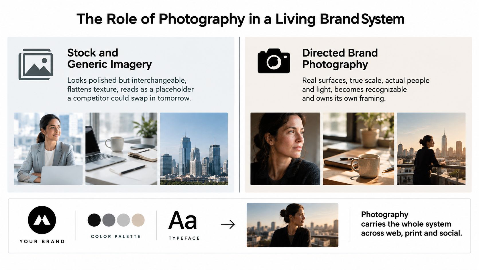 A diagram contrasting generic stock photography versus directed brand photography to explain visual branding concepts.